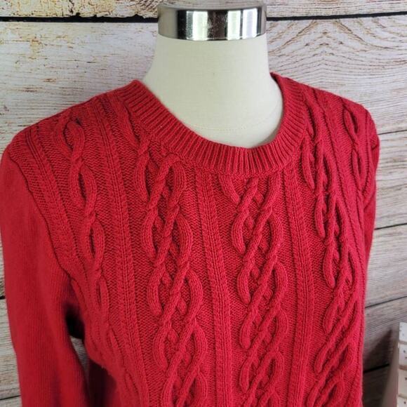 Lands End Cable Knit Fisherman Red Sweater Size Large Petite - Picture 2 of 6